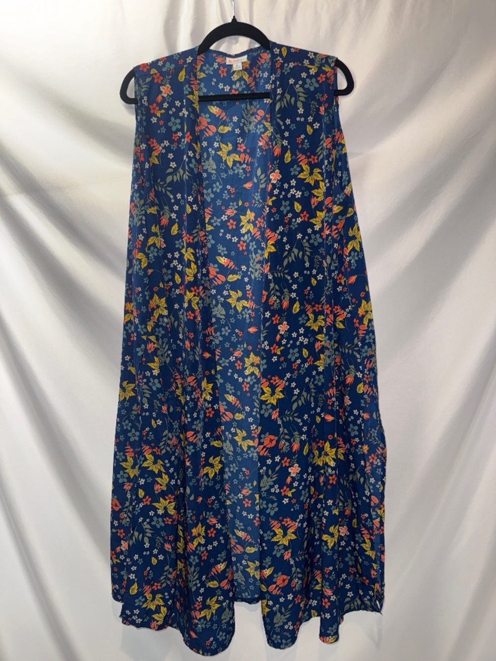 LuLaRoe Joy XL Navy Floral Long Duster Vest Boho Sleeveless